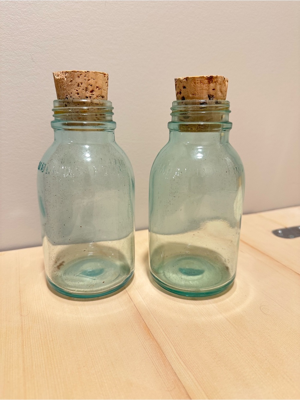 Antique Mellin's Food Aqua Glass Bottle – Embossed, Cork Top, c. 1920s-30s - Two